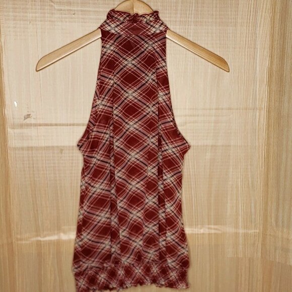 Forever 21 Womens Maroon Sleeveless High Neck Semi Sheer Blouse Small - Picture 2 of 6